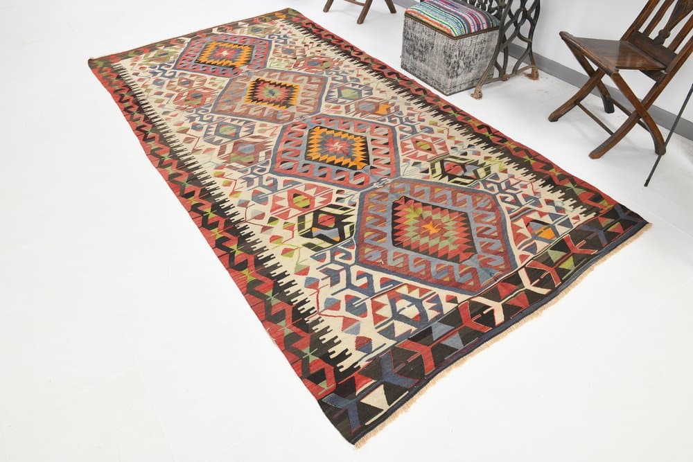 Kilim 156x314 cm, beżowy, czerwony, wełna, lata 80. - 219638