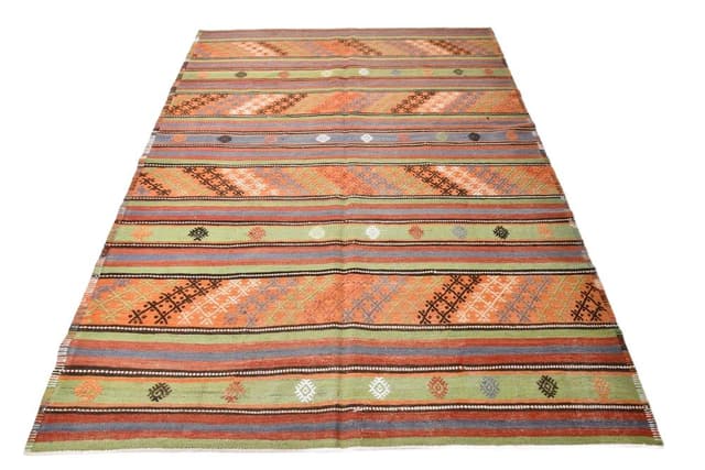 Kilim 177x242 cm, pomarańczowy, zielony, wełna, lata 70. - WYMIARY