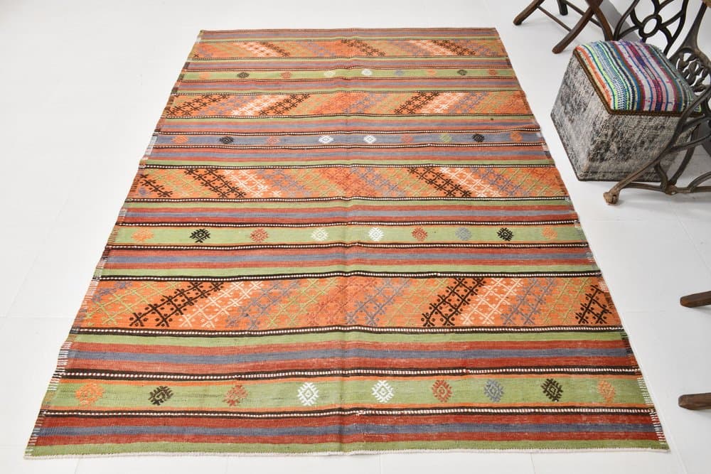 Kilim 177x242 cm, pomarańczowy, zielony, wełna, lata 70. - 219602