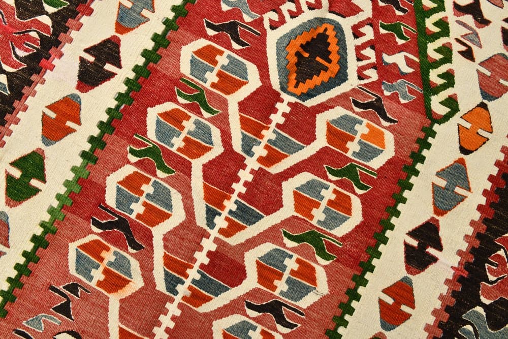 Kilim 113x156 cm, zielony, beżowy, wełna, lata 70. - 219579
