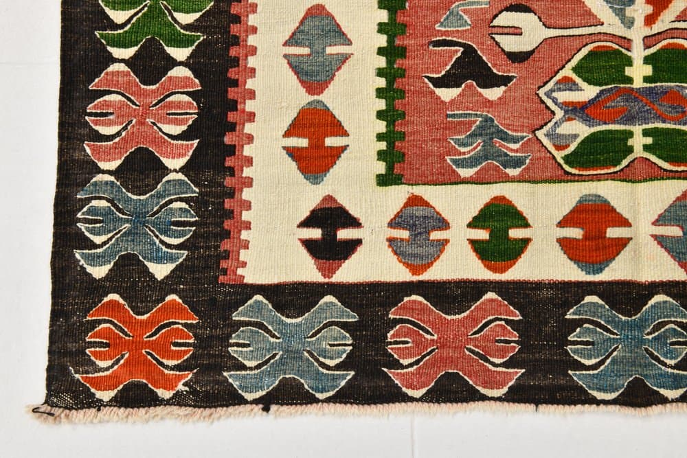 Kilim 113x156 cm, zielony, beżowy, wełna, lata 70. - 219581