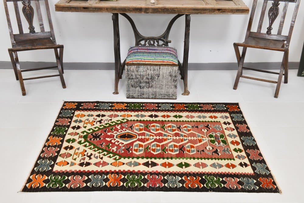 Kilim 113x156 cm, zielony, beżowy, wełna, lata 70. - 219577