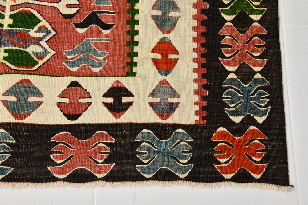 Kilim 113x156 cm, zielony, beżowy, wełna, lata 70. - 219582