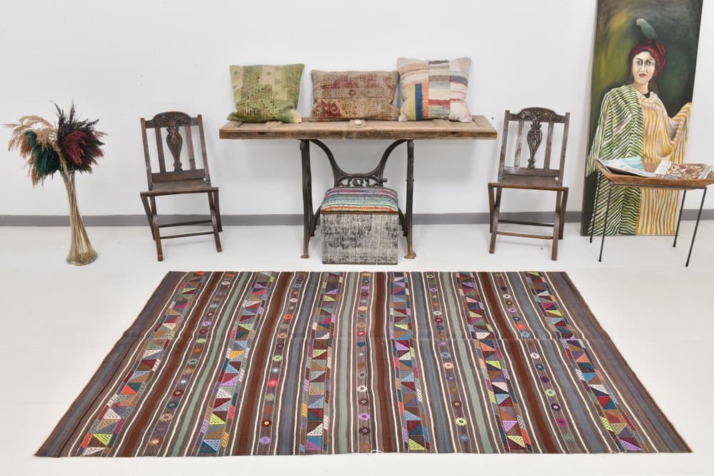 Kilim 148x235 cm, szary, czerwony, wełna, lata 70. - 219552