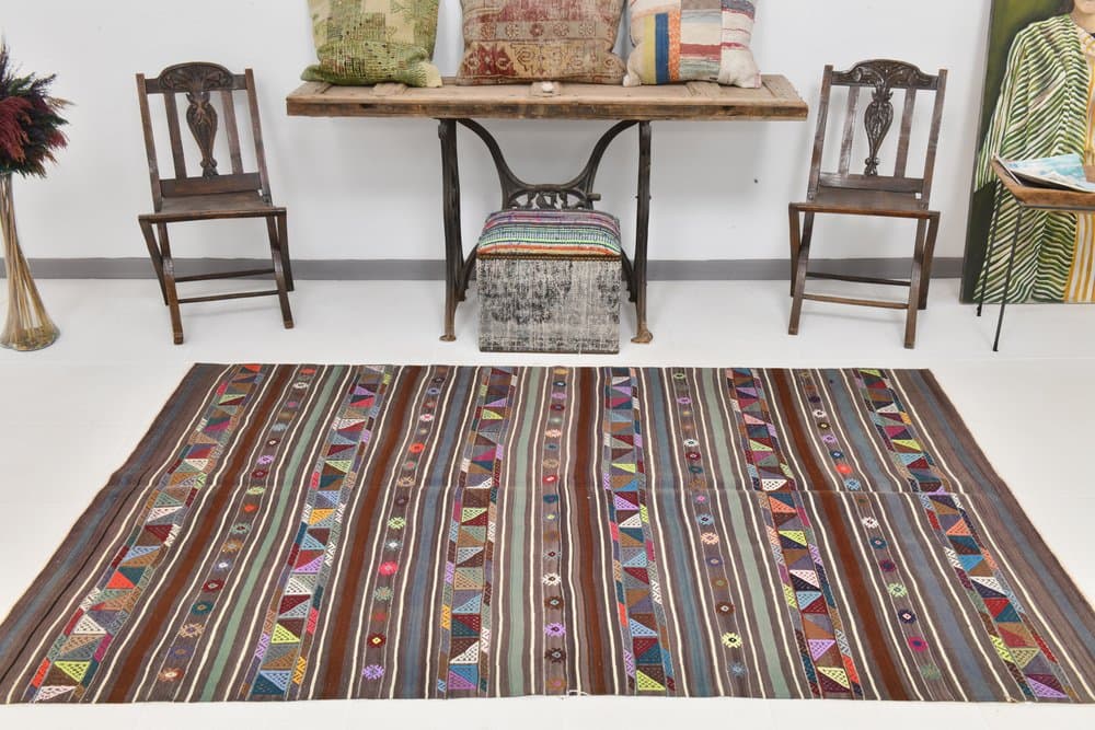 Kilim 148x235 cm, szary, czerwony, wełna, lata 70. - 219551