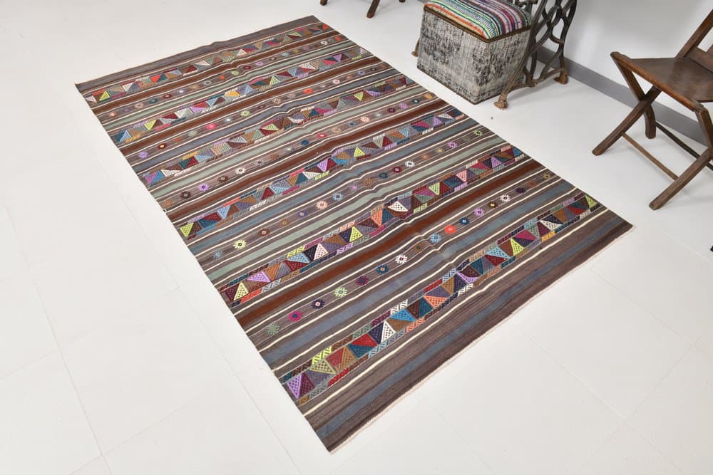 Kilim 148x235 cm, szary, czerwony, wełna, lata 70. - 219547