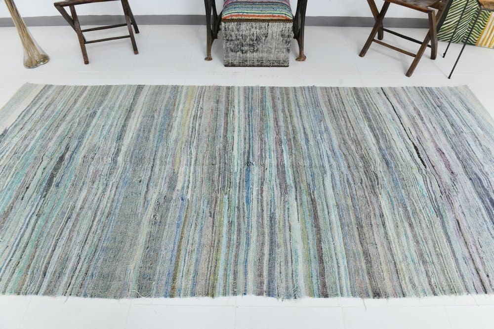 Kilim 141x312 cm, niebieski, szary, wełna, lata 70. - 219525