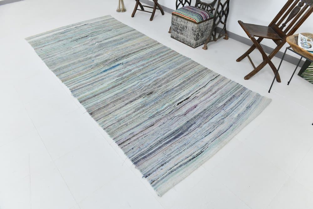 Kilim 141x312 cm, niebieski, szary, wełna, lata 70. - 219521