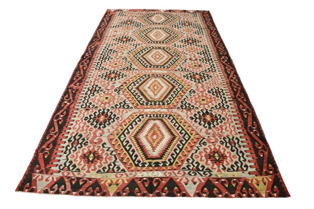 Rug 180x327 cm, Red, Beige, Wool, 1960s
