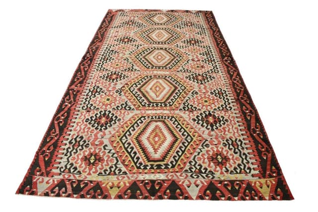 Rug 180x327 cm, Red, Beige, Wool, 1960s - DIMENSION