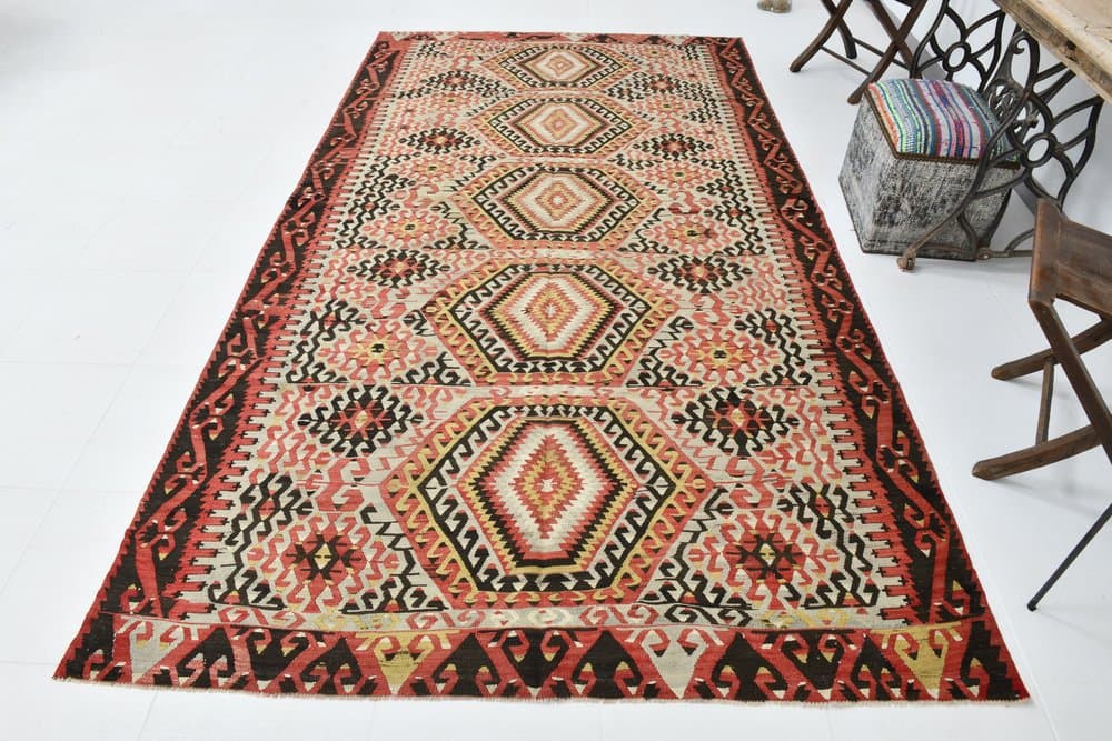 Rug 180x327 cm, Red, Beige, Wool, 1960s - 219485