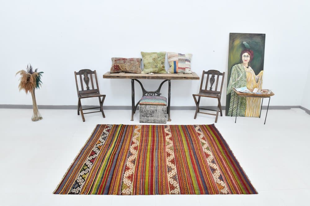 Kilim 200x163 cm, Olive Green, Red, Wool, 1970s - 219830