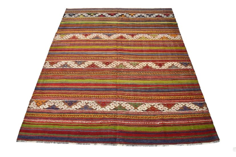 Kilim 200x163 cm, oliwkowy, czerwony, wełna, lata 70.
