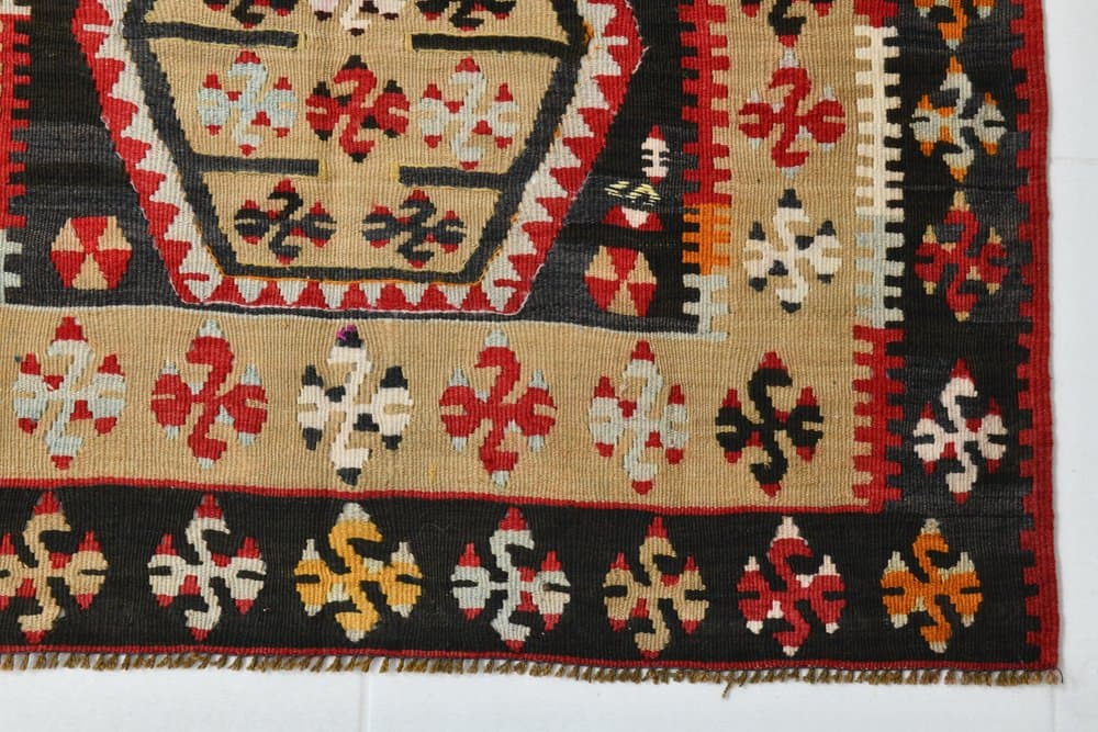 Kilim 140x86 cm, czerwony, beżowy, wełna, lata 70. - 219821