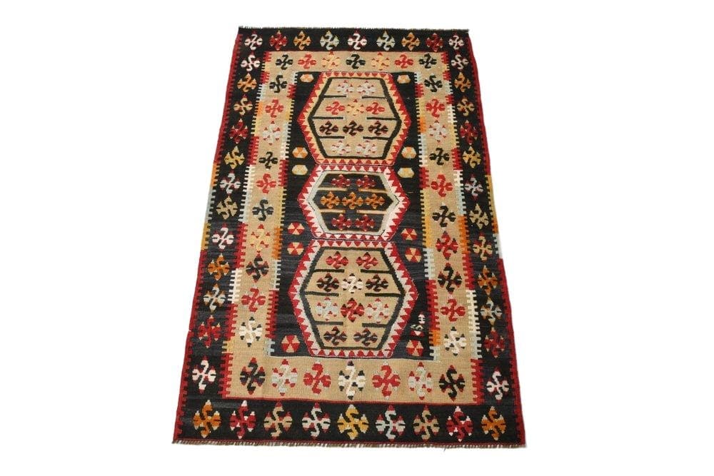 Kilim 140x86 cm, czerwony, beżowy, wełna, lata 70.