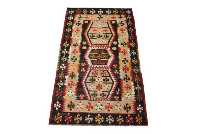 Kilim 140x86 cm, czerwony, beżowy, wełna, lata 70. - WYMIARY