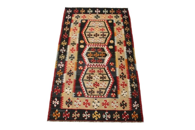 Kilim 140x86 cm, czerwony, beżowy, wełna, lata 70.