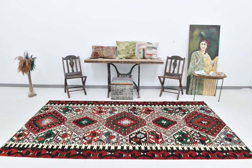 Kilim 162x320 cm, czerwony, zielony, wełna, lata 70. - 219784