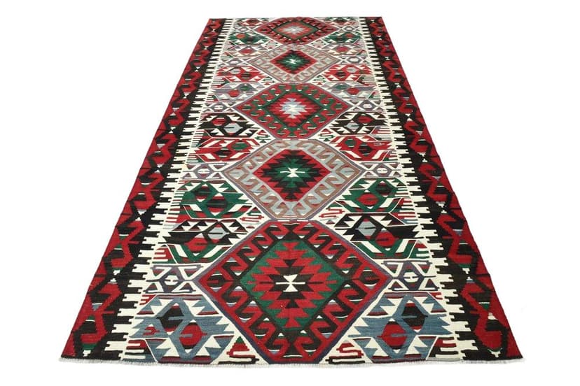 Kilim 162x320 cm, czerwony, zielony, wełna, lata 70.