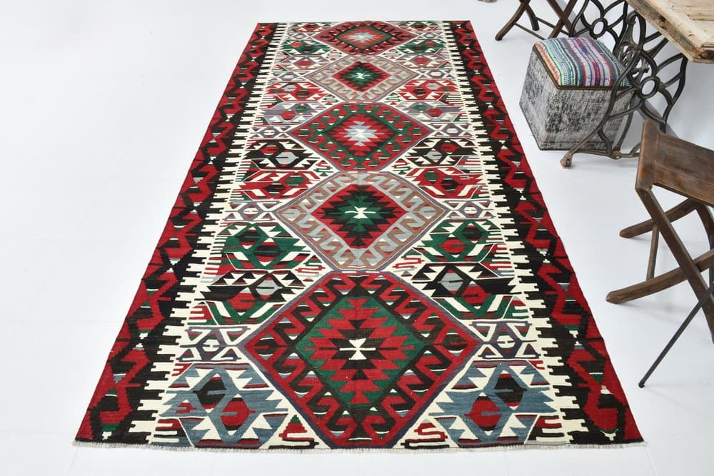 Kilim 162x320 cm, czerwony, zielony, wełna, lata 70. - 219776