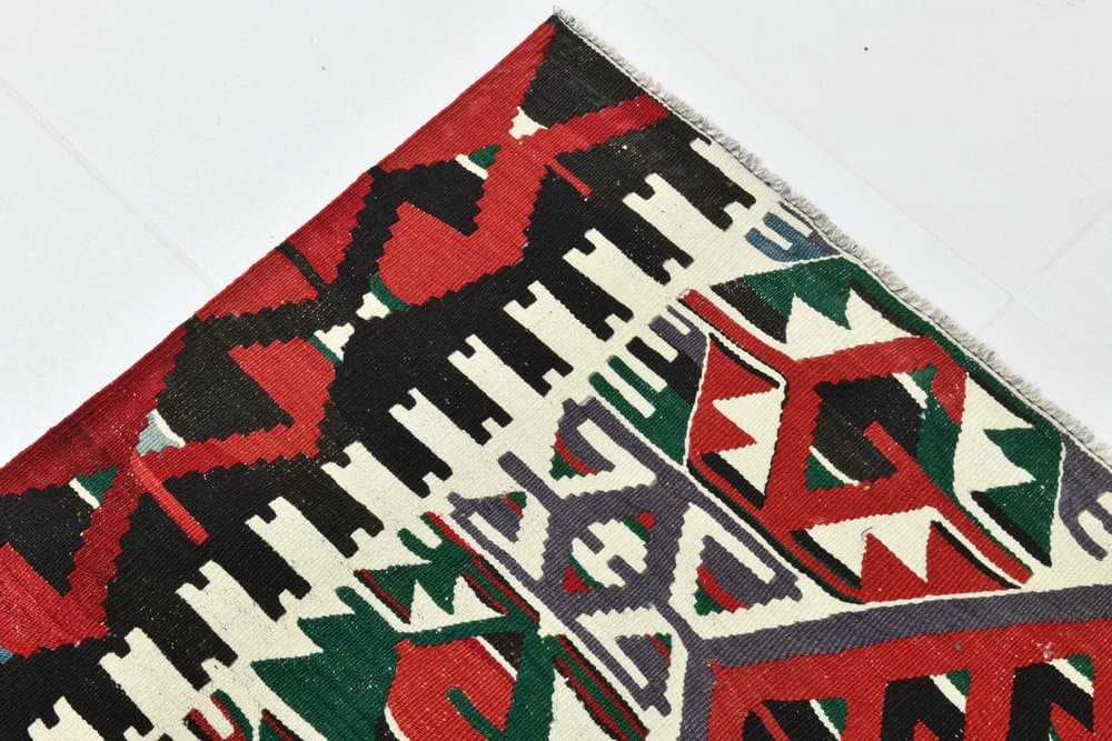 Kilim 162x320 cm, czerwony, zielony, wełna, lata 70. - 219774