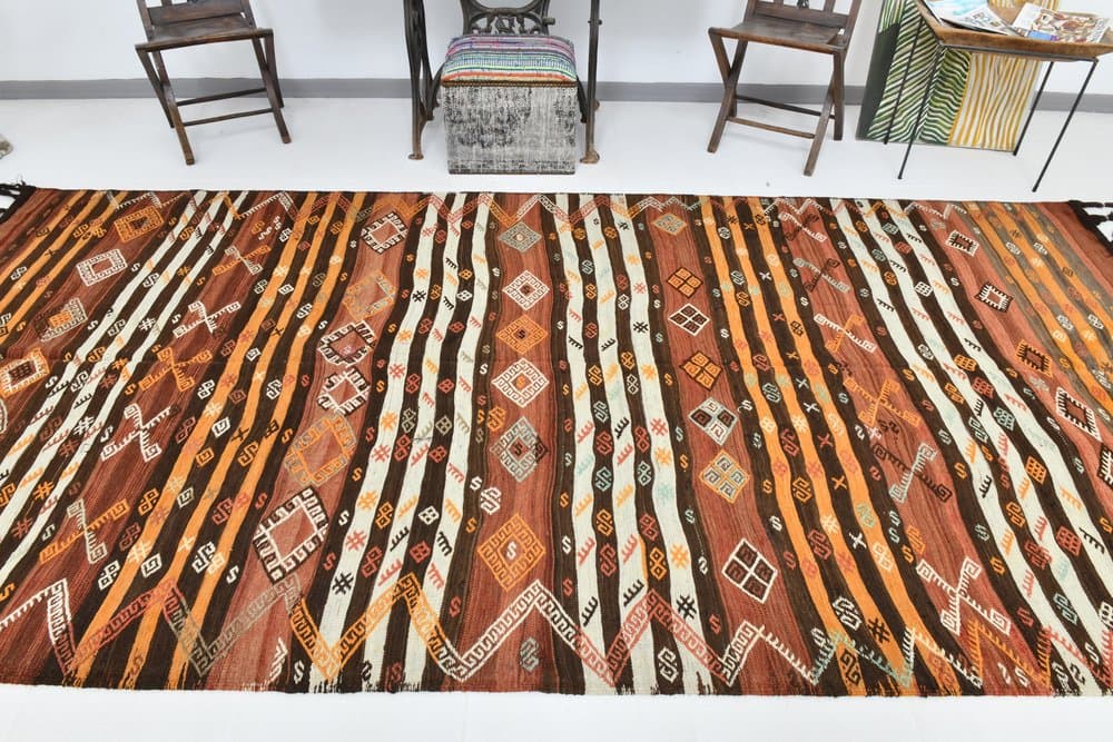 Kilim 178x375 cm, brązowy, beżowy, wełna, lata 60. - 219764