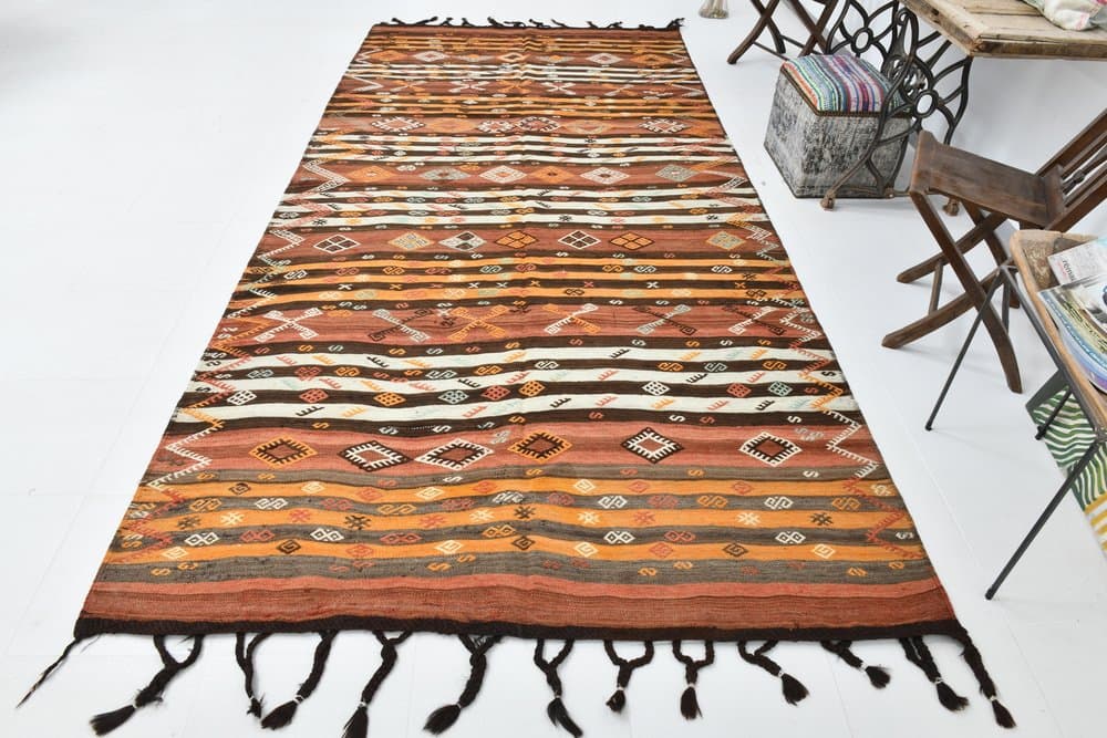 Kilim 178x375 cm, brązowy, beżowy, wełna, lata 60. - 219763