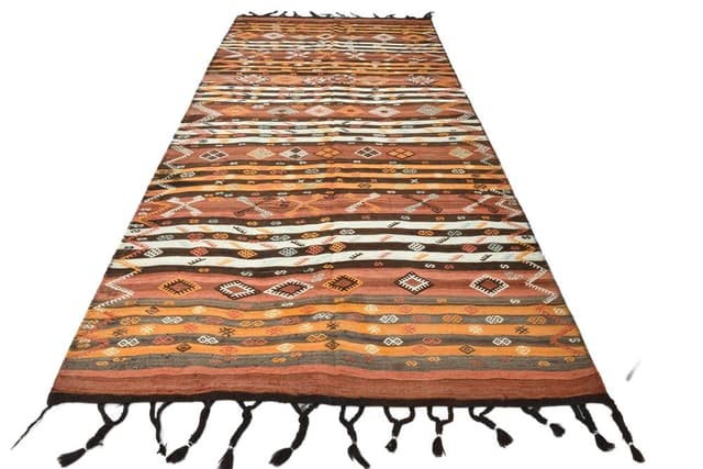 Kilim 178x375 cm, brązowy, beżowy, wełna, lata 60. - WYMIARY