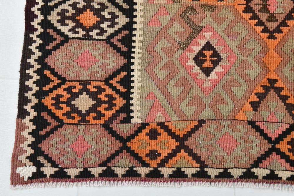 Kilim 140x354 cm, orange, green, wool, 1970s - 219716