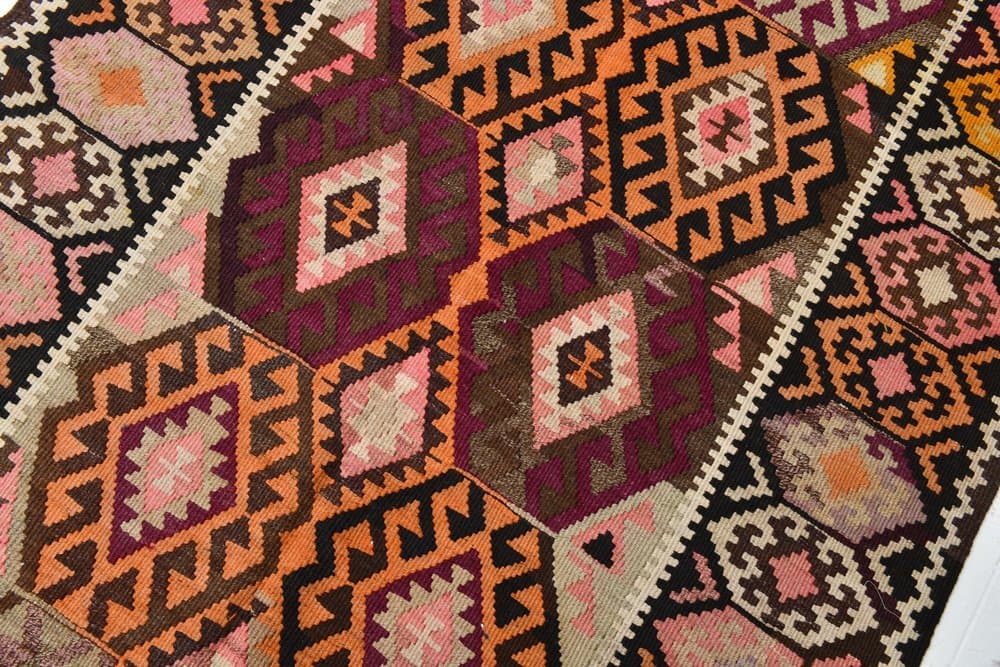 Kilim 140x354 cm, orange, green, wool, 1970s - 219714