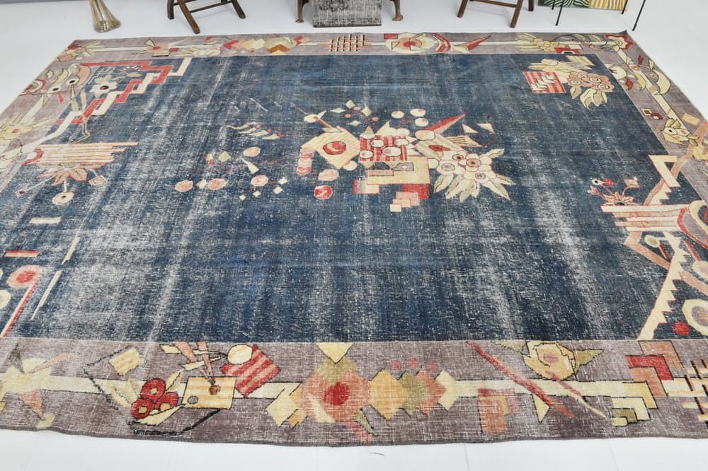 Dywan 374x265 cm, beżowy, niebieski, wełna, lata 60. - 220168