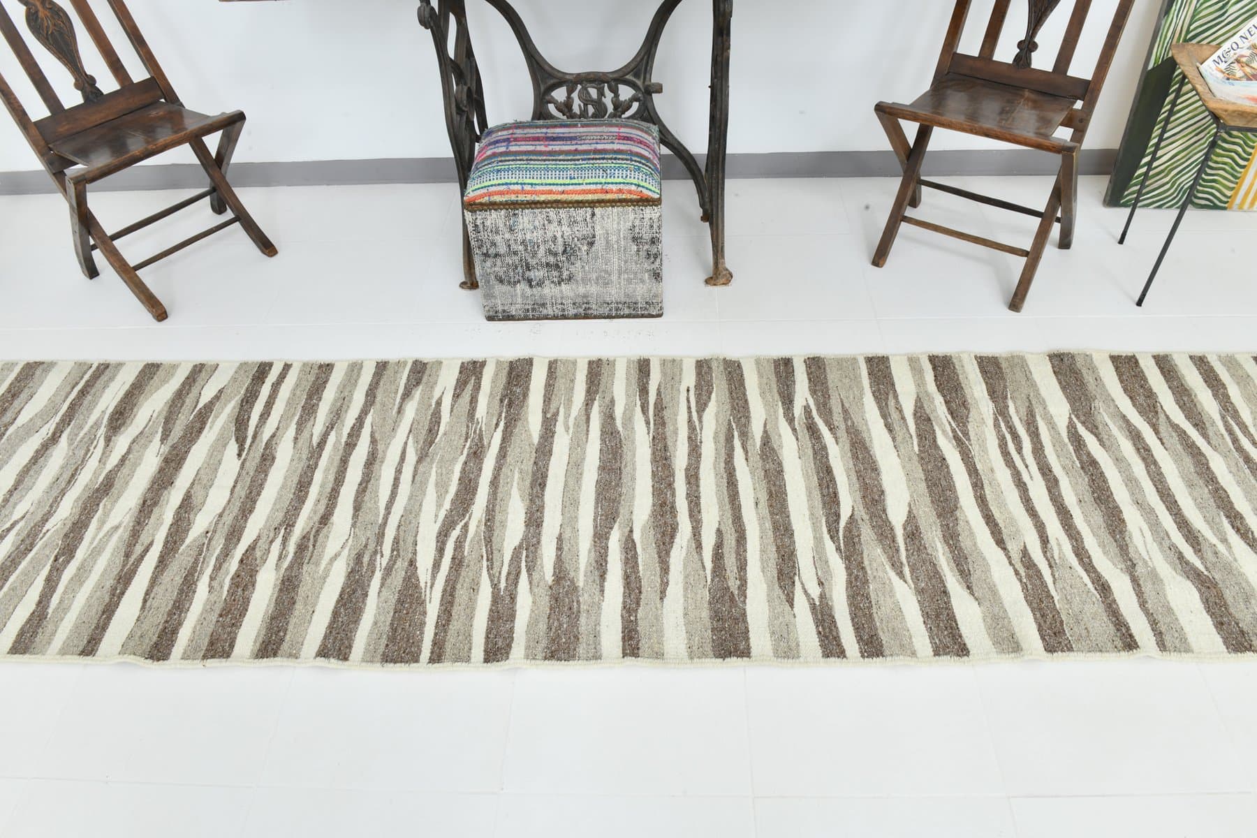 Kilim Runner 84x357 cm, Beige, Wool, 1970s - 220129