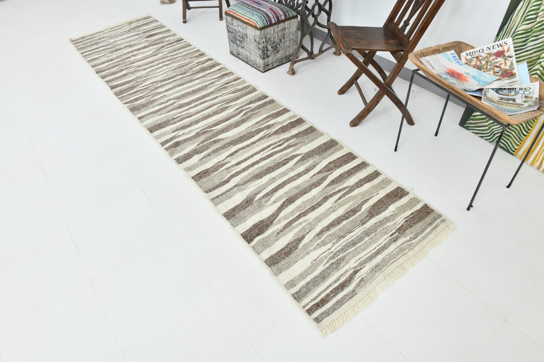 Kilim Runner 84x357 cm, Beige, Wool, 1970s - 220125