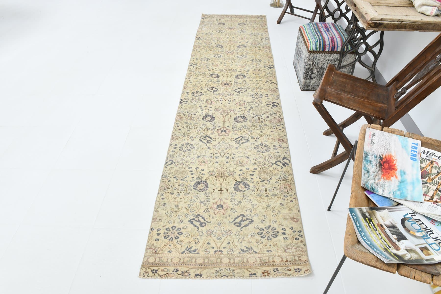 Chodnik 79x321 cm, beżowy, niebieski, wełna, lata 70. - 220102