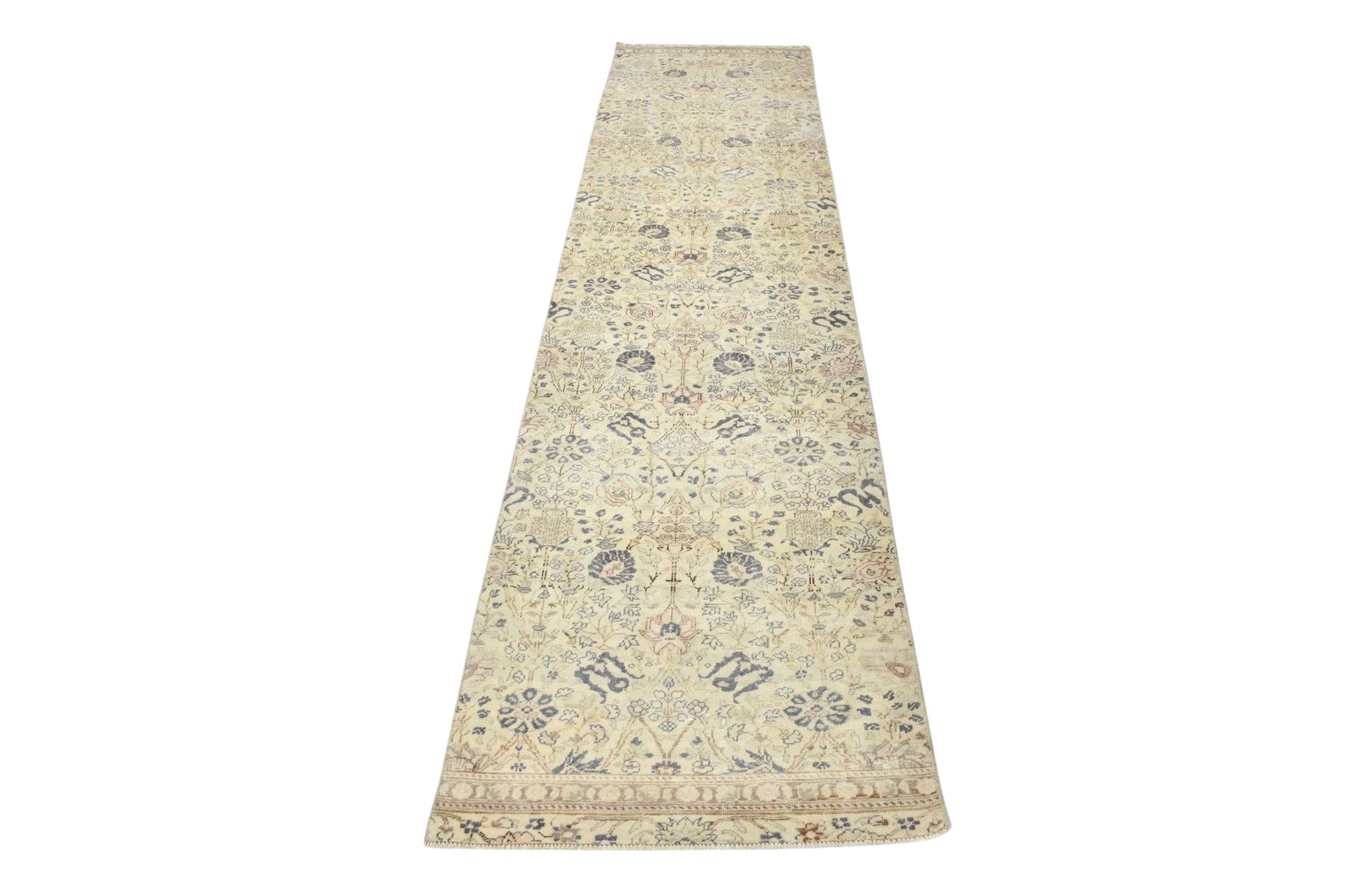 Chodnik 79x321 cm, beżowy, niebieski, wełna, lata 70.