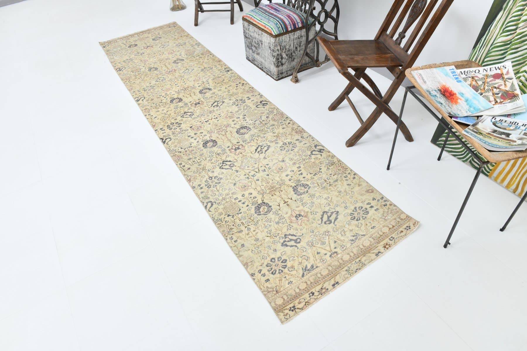 Chodnik 79x321 cm, beżowy, niebieski, wełna, lata 70. - 220099