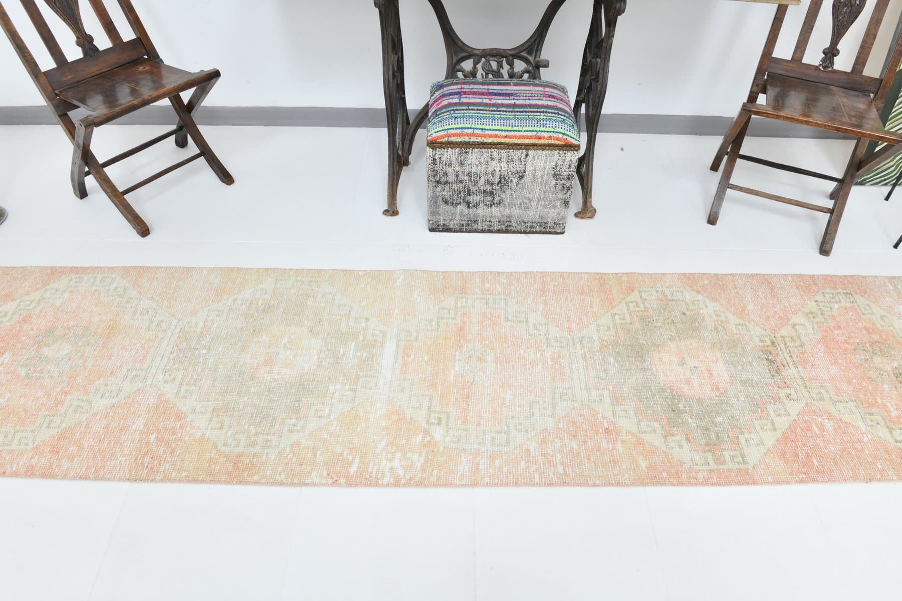 Chodnik 304x73 cm, beżowy, różowy, wełna, lata 70. - 220090