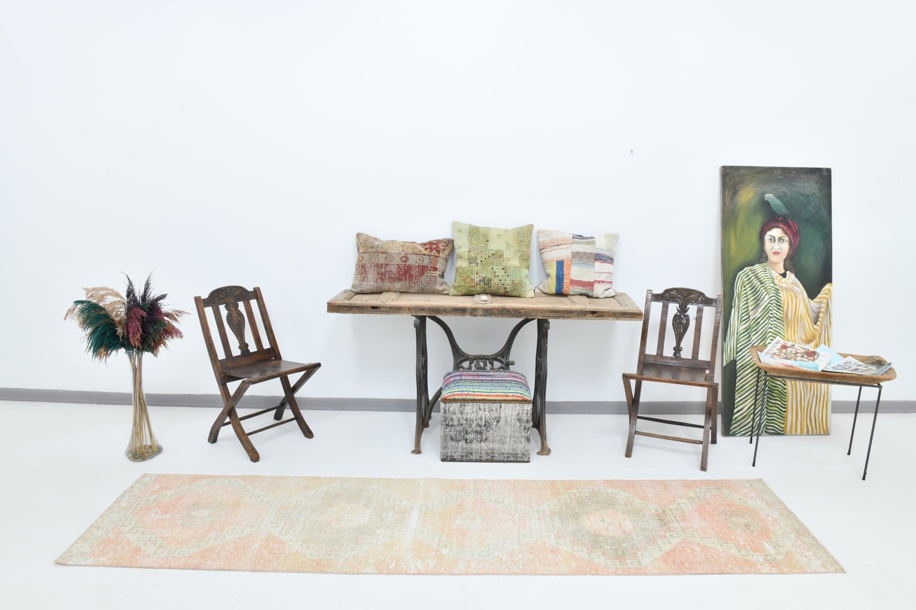 Chodnik 304x73 cm, beżowy, różowy, wełna, lata 70. - 220091