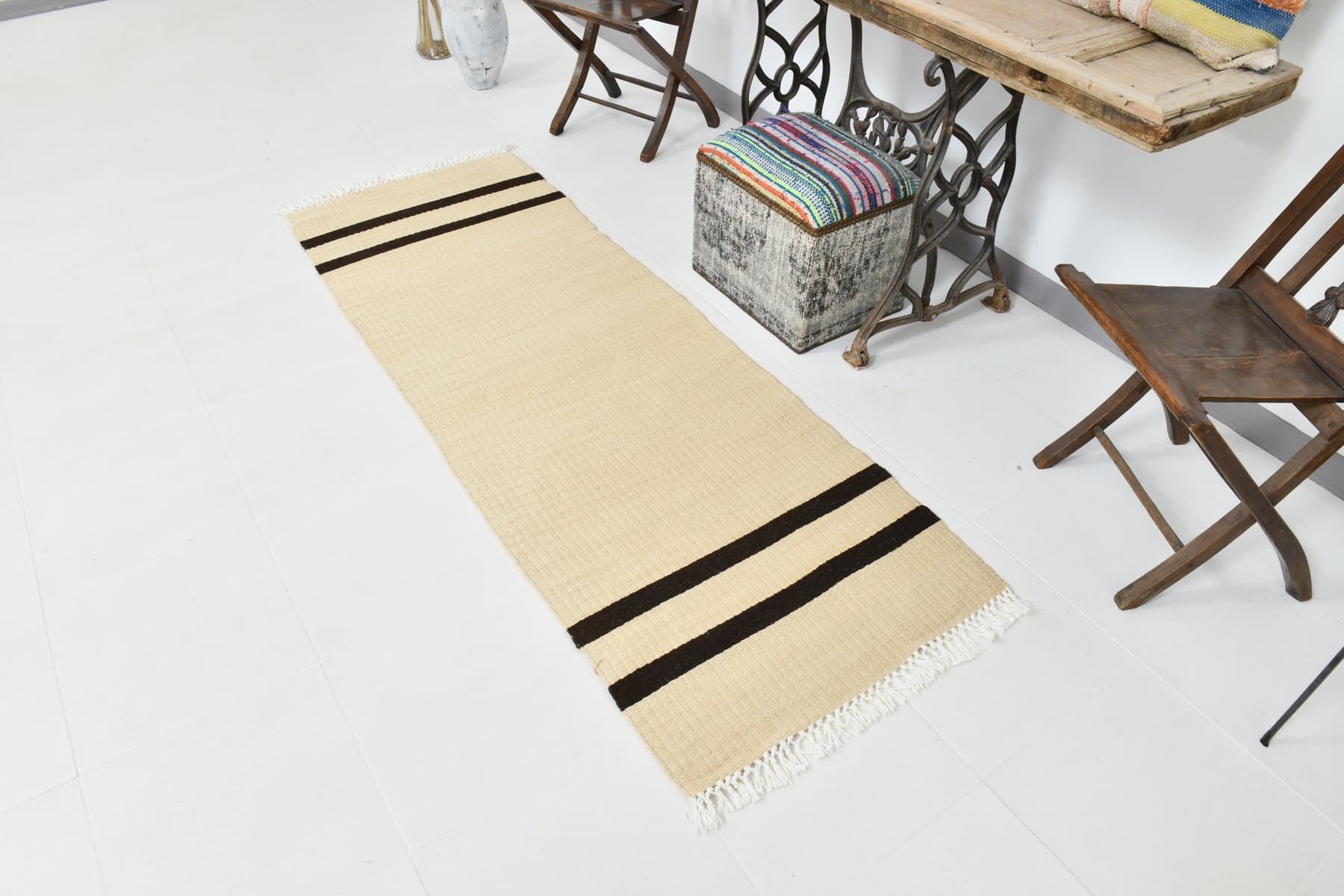 Chodnik 76x217 cm, beżowy, konopie, lata 90. - 220064