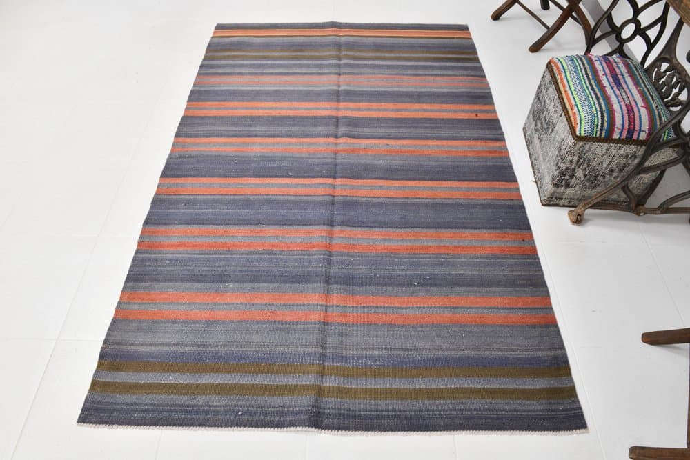 Kilim 223x144 cm, niebieski, czerwony, wełna, lata 60. - 219969