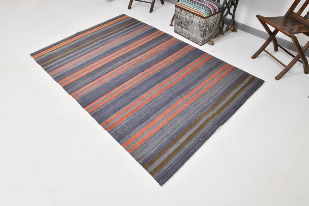 Kilim 223x144 cm, niebieski, czerwony, wełna, lata 60. - 219973