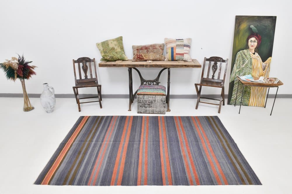 Kilim 223x144 cm, niebieski, czerwony, wełna, lata 60. - 219976