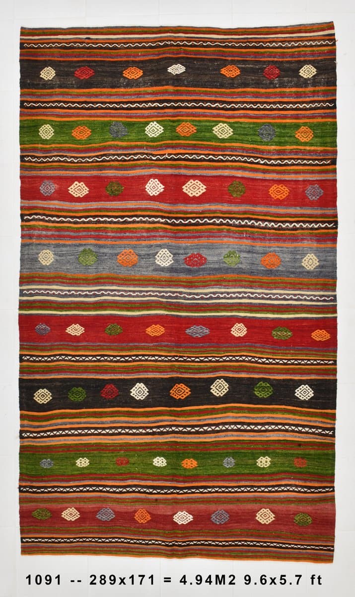 Kilim 171x289 cm, czerwony, zielony, wełna, Turcja, lata 60. - 220514