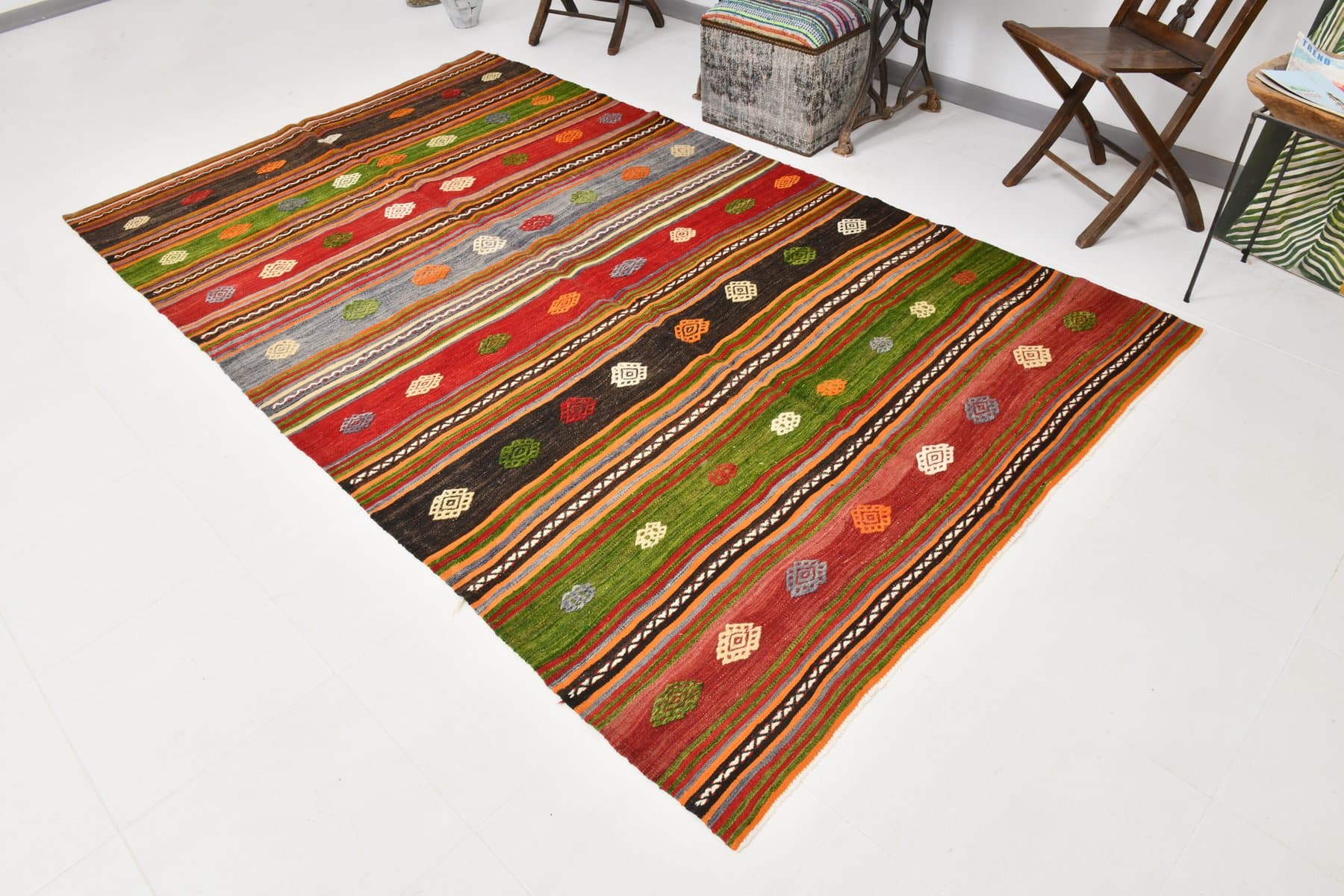 Kilim 171x289 cm, czerwony, zielony, wełna, Turcja, lata 60. - 220518