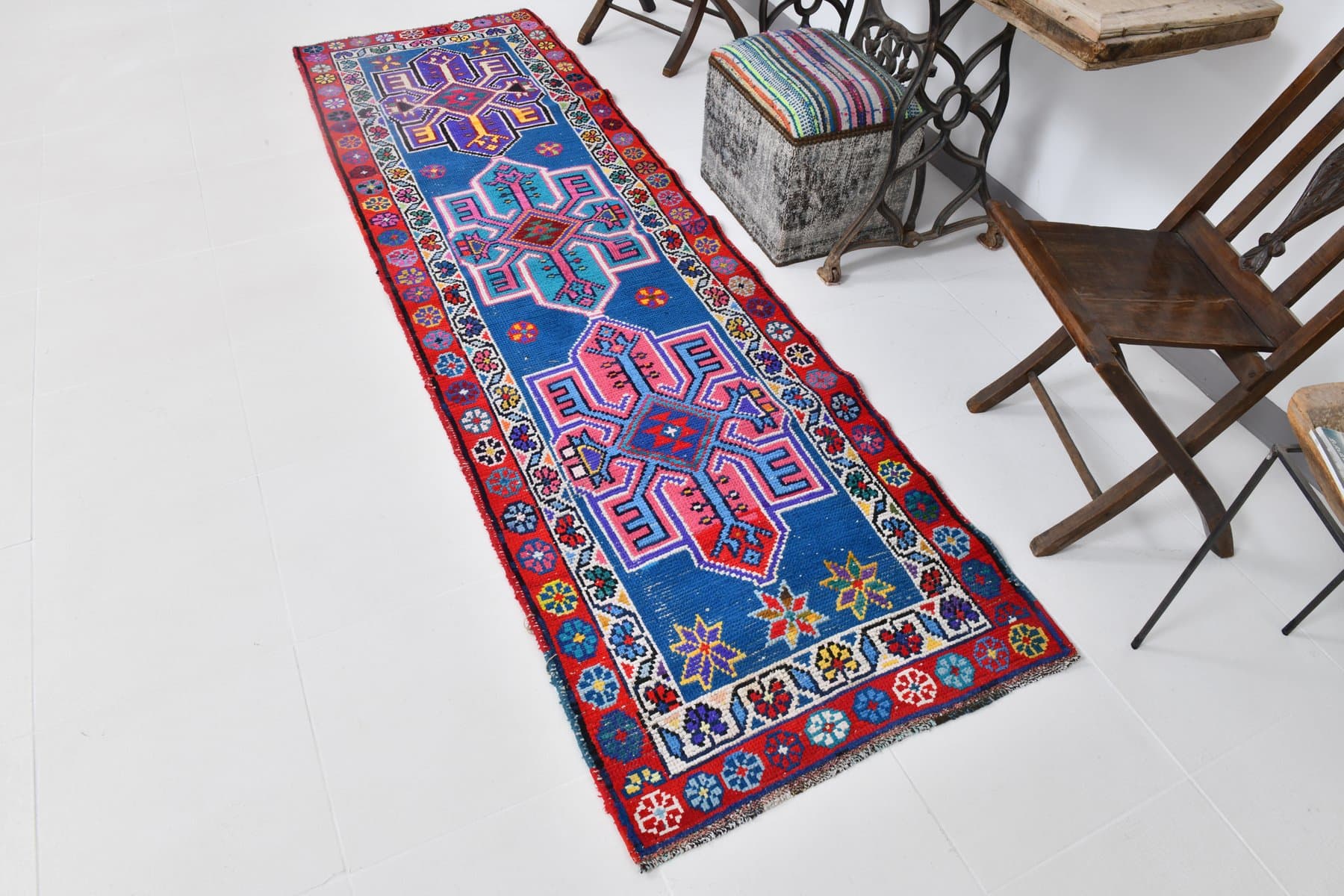 Chodnik 285x84 cm, niebieski, turkusowy, wełna, Turcja, lata 60. - 220470