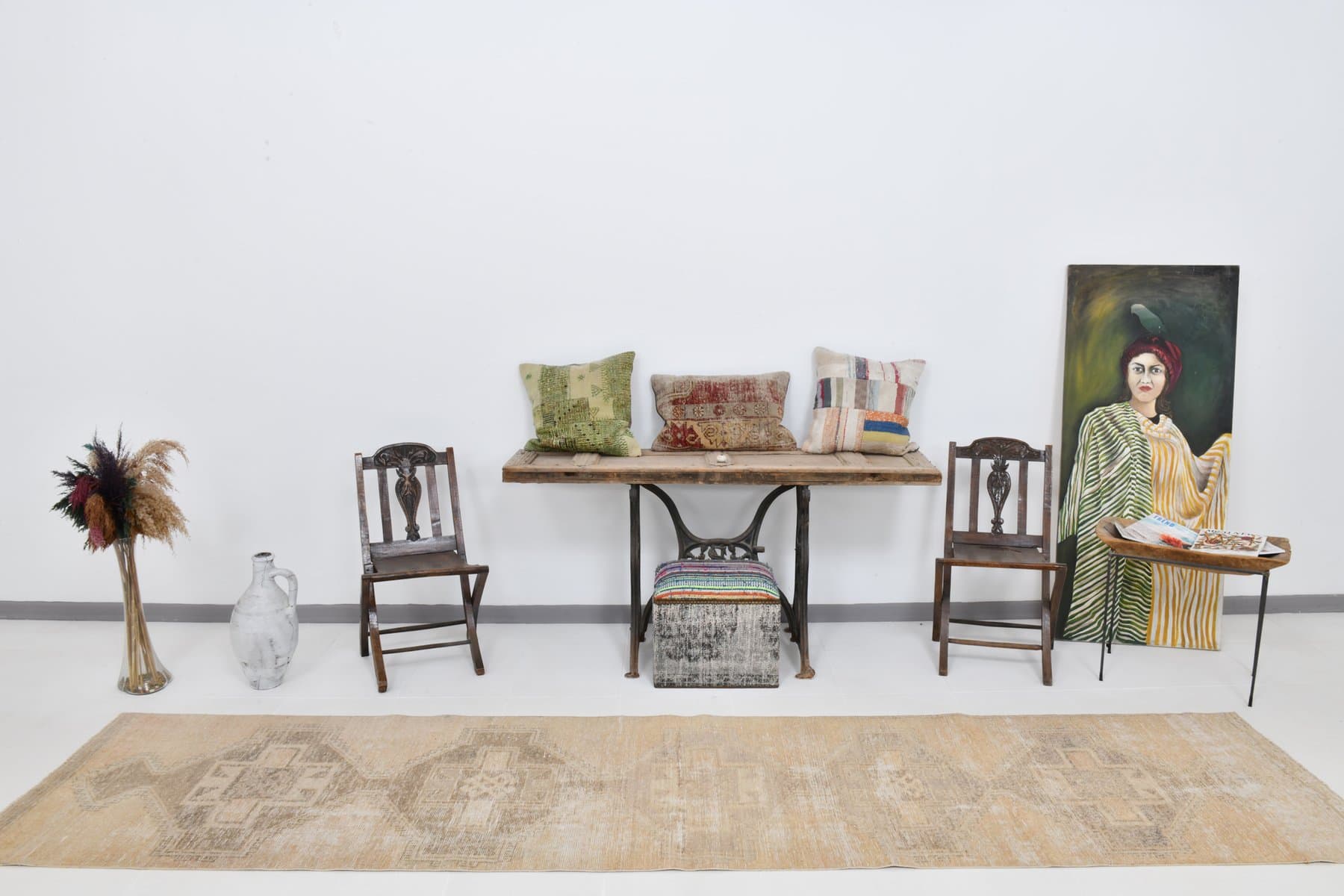 Chodnik 390x88 cm, beżowy, wełna, Turcja, lata 60. - 220457