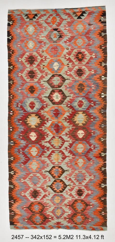 Kilim Rug 342x152 cm, beige, wool, Turkey, 1960s. - 220413
