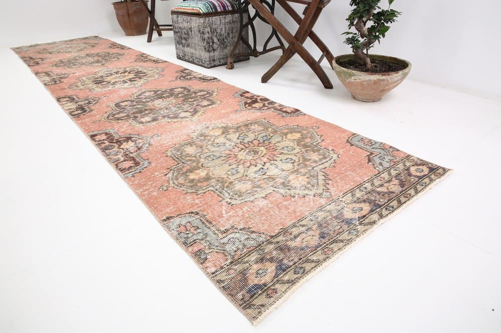 Runner Rug 388x85 cm, beige, wool, Turkey, 1960s. - 220394