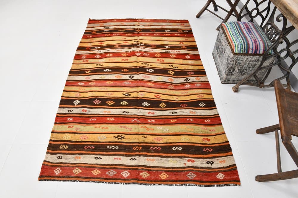 Kilim 205x131 cm, beżowy, brązowy, wełna, Turcja, lata 60. - 220643