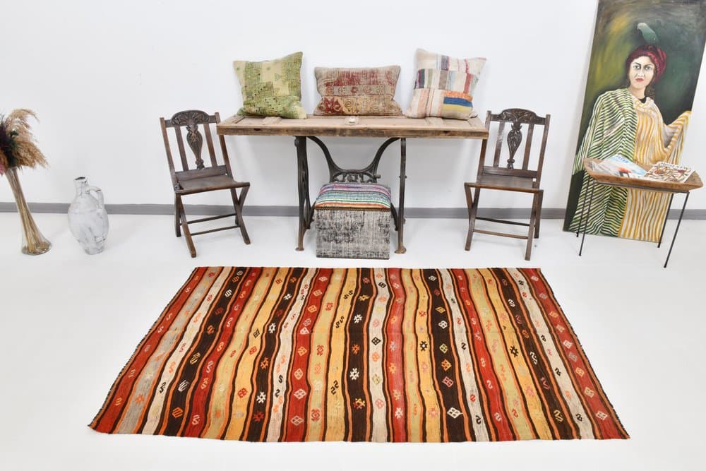 Kilim 205x131 cm, beżowy, brązowy, wełna, Turcja, lata 60. - 220645
